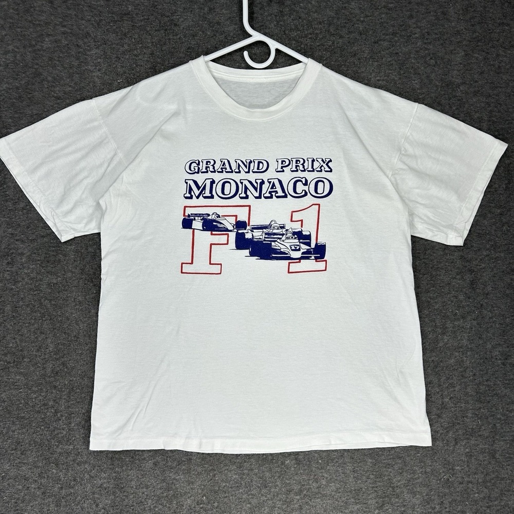 VTG Monaco Grand Prix F1 Race T-Shirt Mens L White Single Stitch 80s Formula 1